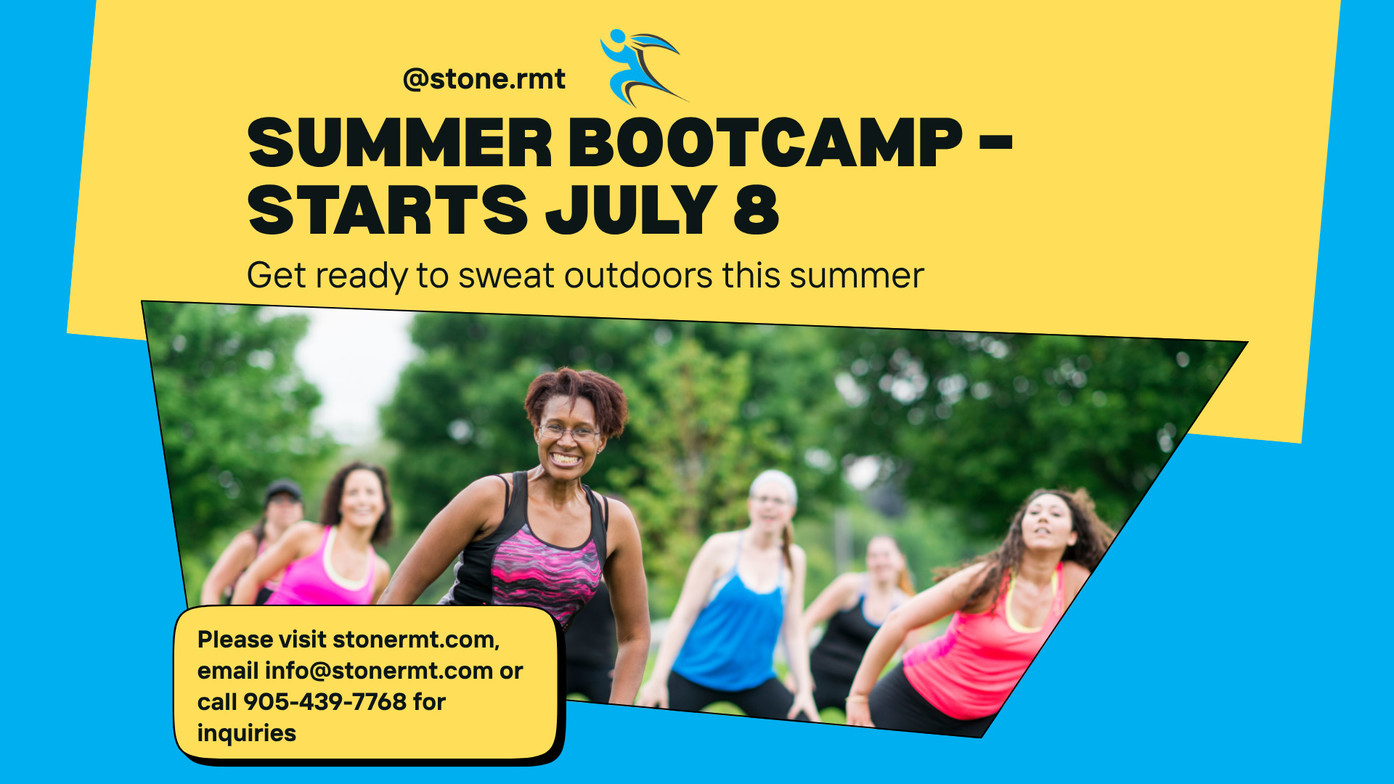 StoneRMT summer wellness specials including 50% off unlimited yoga and fitness classes, June 26th breathwork workshop with Breathe Release Heal, and July 8th outdoor summer bootcamp with kinesiologist-led training and nutrition tips in Bowmanville