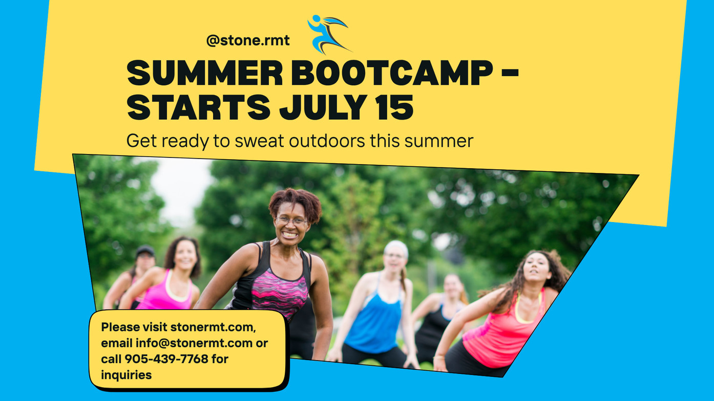 StoneRMT summer wellness specials including 50% off unlimited yoga and fitness classes, June 26th breathwork workshop with Breathe Release Heal, and July 8th outdoor summer bootcamp with kinesiologist-led training and nutrition tips in Bowmanville